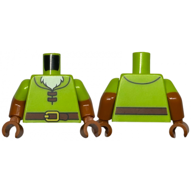 lime torso shirt with reddish brown belt with yellow buckle white beard pattern dark orange arms with molded lime sleeves pattern dark orange hands
