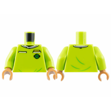 lime torso soccer referee uniform white collar yellow card in pocket soccer ball on brick logo pattern lime arms medium nougat hands