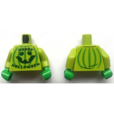 lime torso sweater with dark green happy halloween and pumpkin jack o lantern with bright green stripes pattern bam lime arms bright green hands