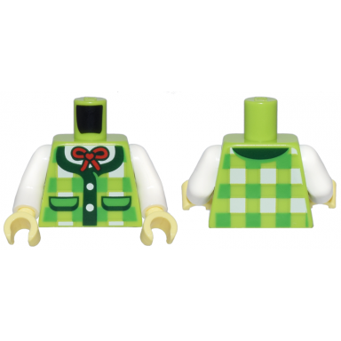 lime torso bright green and white plaid vest with dark green pockets and trim white buttons and shirt and red bow pattern white arms bright light yellow hands