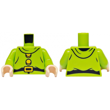 lime torso jacket with turtleneck black belt bright light orange buckle and buttons hood on back pattern lime arms light nougat hands