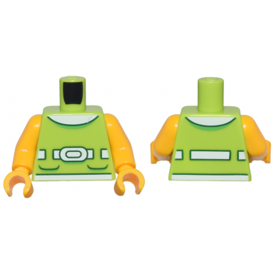 lime torso dress top with 2 bright green and dark green pockets round white collar and belt with buckle pattern bright light orange arms bright light orange hands