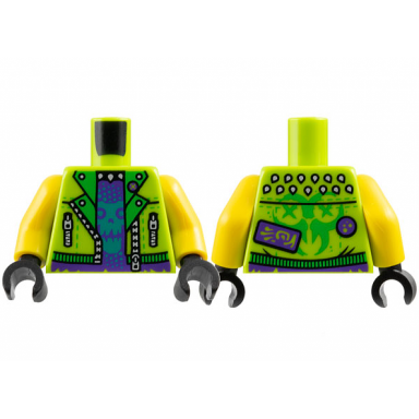 lime torso jacket open with silver zippers dark purple shirt with dark turquoise skull ninjago logogram tox on back pattern yellow arms black hands