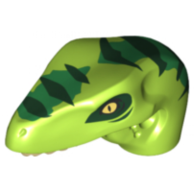 lime dinosaur head raptor with pin hole with tan teeth and dark green stripes and green markings pattern
