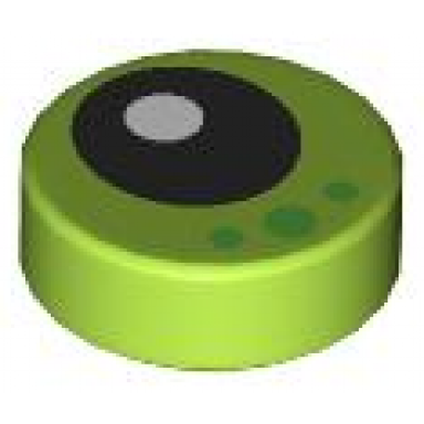 lime tile round 1 x 1 with black eye with white pupil and 3 bright green dots pattern