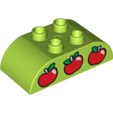 lime duplo brick 2 x 4 slope curved double with 3 red apples pattern