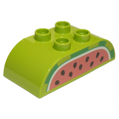 lime duplo brick 2 x 4 slope curved double with black seeds on coral background cut watermelon pattern