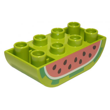 lime duplo brick 2 x 4 slope curved inverted double with black seeds on coral background cut watermelon pattern