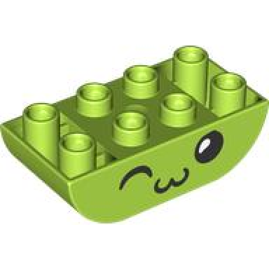 lime duplo brick 2 x 4 slope curved inverted double with black eyes and nose winking with white pupil pattern