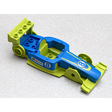 lime duplo toolo formula car chassis assembly with blue top and number 8 and octan logo pattern