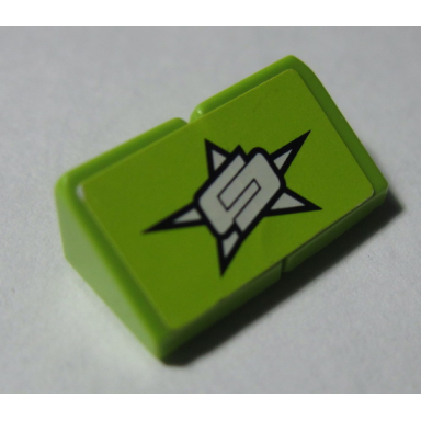 lime stickered assembly 2 x 1 x 2 3 with stylized white cc on star pattern sticker - set 8681 - 2 slope 30 1 x 1 x 2 3