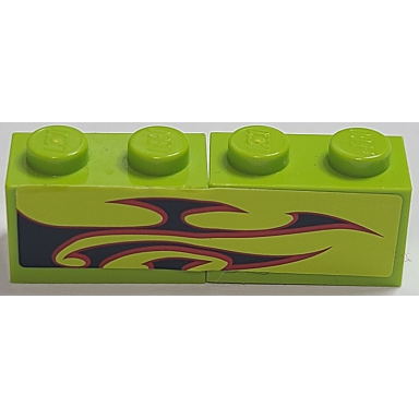 lime stickered assembly 4 x 1 with black and dark red flames pattern model left side sticker - set 8681 - 2 brick 1 x 2