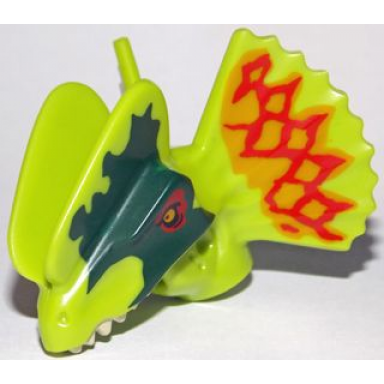 lime dinosaur head dilophosaurus with dark green and red around eyes and red and orange on frill pattern
