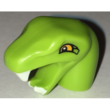 lime minifigure head modified snake short neck with open mouth with white fangs and bright light orange eyes pattern
