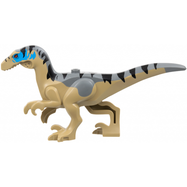 dark tan dinosaur body raptor velociraptor with stud with molded dark bluish gray back and printed black stripes dark azure markings and red eyes pattern