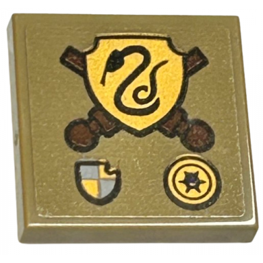 dark tan tile modified 2 x 2 inverted with reddish brown crossed wands gold slytherin crest and symbols pattern sticker - set 76410