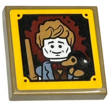 dark tan tile modified 2 x 2 inverted with newt scamander minifigure portrait with wand and niffler in bright light orange frame pattern sticker - set 76412