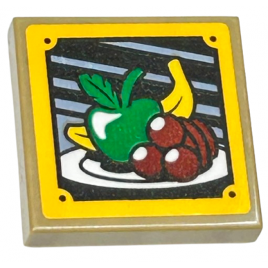 dark tan tile modified 2 x 2 inverted with banana apple and ice cream scoops on plate in bright light orange frame pattern sticker - set 76412