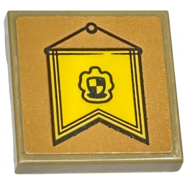 dark tan tile modified 2 x 2 inverted with yellow hufflepuff hanging banner with black crest pattern sticker - set 76412