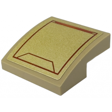 dark tan slope curved 2 x 2 x 2 3 with gold armor plate with dark red trapezoid and edge lines pattern sticker - set 76247
