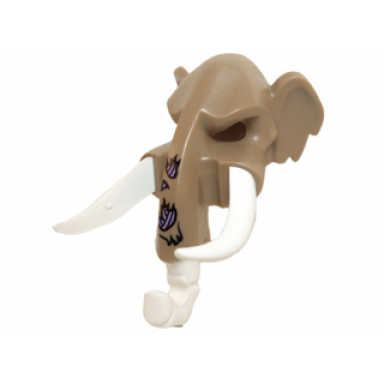 dark tan minifigure headgear mask mammoth with white rubber tusks and trunk with medium lavender sinew patches on trunk pattern
