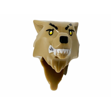 dark tan minifigure head modified wolf smooth hair and brow with black nose and eyebrows white teeth and fangs yellow eyes cut eyebrow left pattern