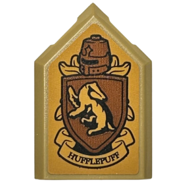 dark tan tile modified 2 x 3 pentagonal with reddish brown and dark orange hufflepuff shield helmet banner and badger pattern sticker - set 76412