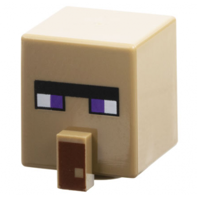 dark tan minifigure head modified cube tall with raised rectangle with pixelated black unibrow dark purple eyes and reddish brown nose pattern minecraft witch