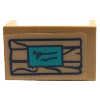 dark tan panel 1 x 2 x 1 with rounded corners and 2 sides with wooden boards with wood grain and dark turquoise label pattern sticker - sets 41410 41436