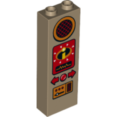 dark tan brick 1 x 2 x 5 with orange speaker and controls and red incredibles logo pattern