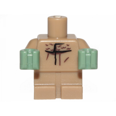 dark tan body baby toddler with fixed arms with molded sand green hands and printed black lines and fur collar pattern