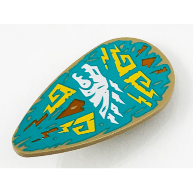 minifigure shield oval with white dragon head and bright light orange filigree on dark turquoise background pattern