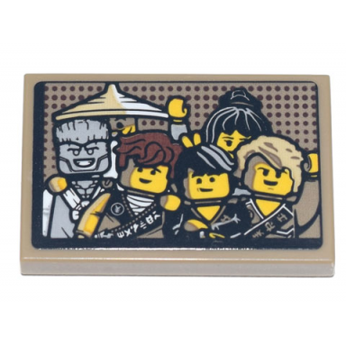 dark tan tile 2 x 3 with picture of ninjago characters wu nya zane jay cole and lloyd pattern sticker - set 71741