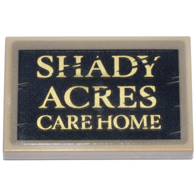 dark tan tile 2 x 3 with black sign with gold scratched shady acres care home pattern sticker - set 76218