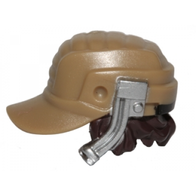 dark tan minifigure hair combo hat with hair cap with flat silver headset and dark brown hair pattern sw jyn erso