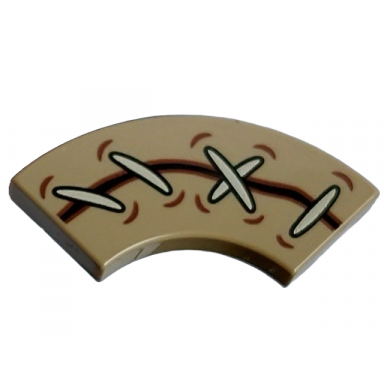 dark tan tile round corner 2 x 2 macaroni with dark brown line tear with white stitches and reddish brown stitch holes pattern
