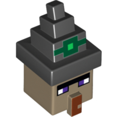 dark tan minifigure head modified cube with black hat with minecraft witch pattern