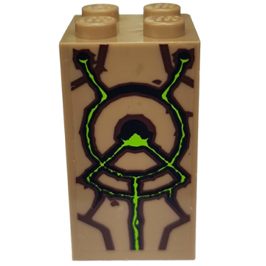 dark tan brick 2 x 2 x 3 with brown and bright green lines and circular pattern sticker - set 9450
