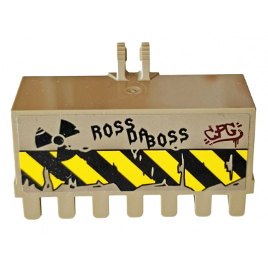dark tan vehicle digger bucket 7 teeth 3 x 6 with locking 2 finger hinge with ross da boss cpg and nuclear symbol pattern sticker - set 76078