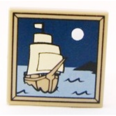 dark tan tile 2 x 2 with sailing ship and moon pattern