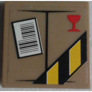 dark tan tile 2 x 2 with parcel with red fragile goblet barcode and black and yellow danger stripes on transparent background pattern sticker - set 60022