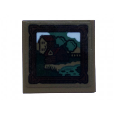 dark tan tile 2 x 2 with picture wood frame trees houses and stream pattern sticker - set 40410