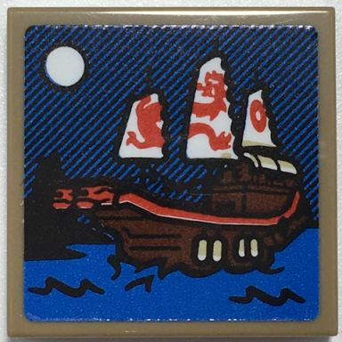 dark tan tile 2 x 2 with reddish brown ninjago destinys bounty sailing ship with red dragon sails blue water and white moon pattern sticker - set 70657