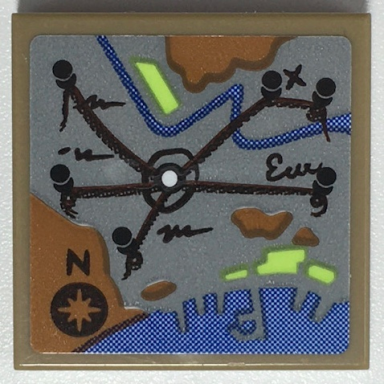 dark tan tile 2 x 2 with map with black strings pins letter n and compass rose medium nougat land blue water pattern sticker - set 70425