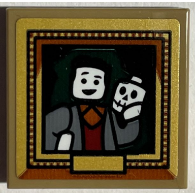 dark tan tile 2 x 2 with picture of minifigure with white skull in gold frame pattern sticker - set 76408