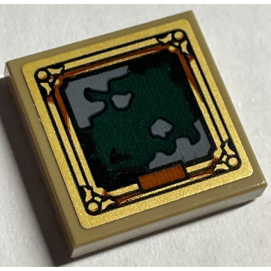 dark tan tile 2 x 2 with picture of dark green map in gold frame pattern sticker - set 76408