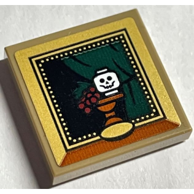 dark tan tile 2 x 2 with picture of white skull on table with grapes and dark green curtain in gold frame pattern sticker - set 76408
