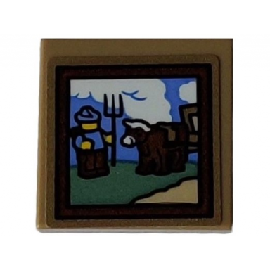 dark tan tile 2 x 2 with painting of sand green and tan landscape with medium blue sky white clouds black pitchfork farmer dark brown cow and frame pattern sticker - set 10325