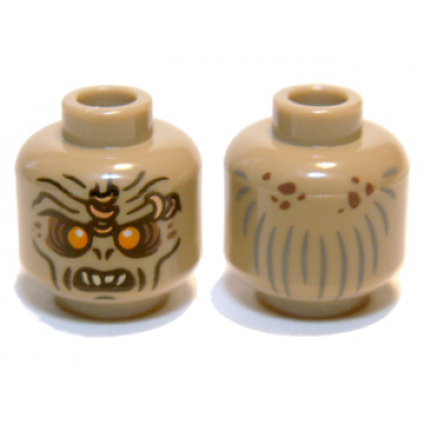 dark tan minifigure head alien orc with orange eyes reddish brown eye shadow and spots nostrils black cheek lines and chin dimple furrowed brow with copper rings open mouth with top teeth dark bluish gray hair lines on back pattern