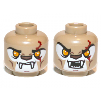 dark tan minifigure head dual sided alien chima lion with fangs bright light orange eyes dark red scar closed mouth open mouth pattern